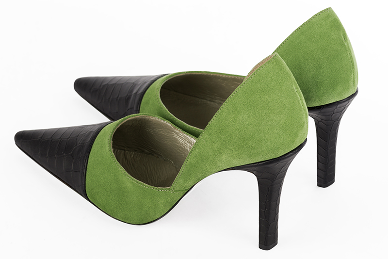 Satin black and grass green women's open arch dress pumps. Pointed toe. Very high slim heel. Rear view - Florence KOOIJMAN